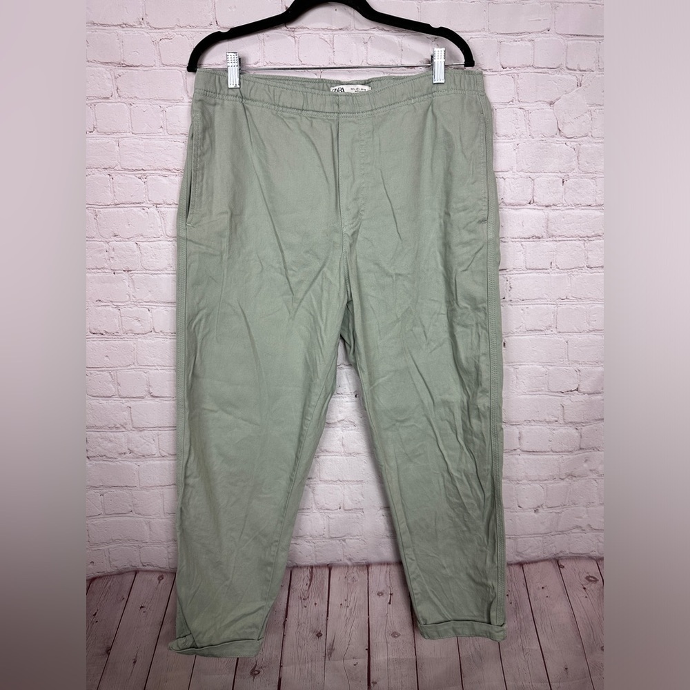 ZARA Women's sage green elastic waist pull on cotton pants, sz L, GUC comfort